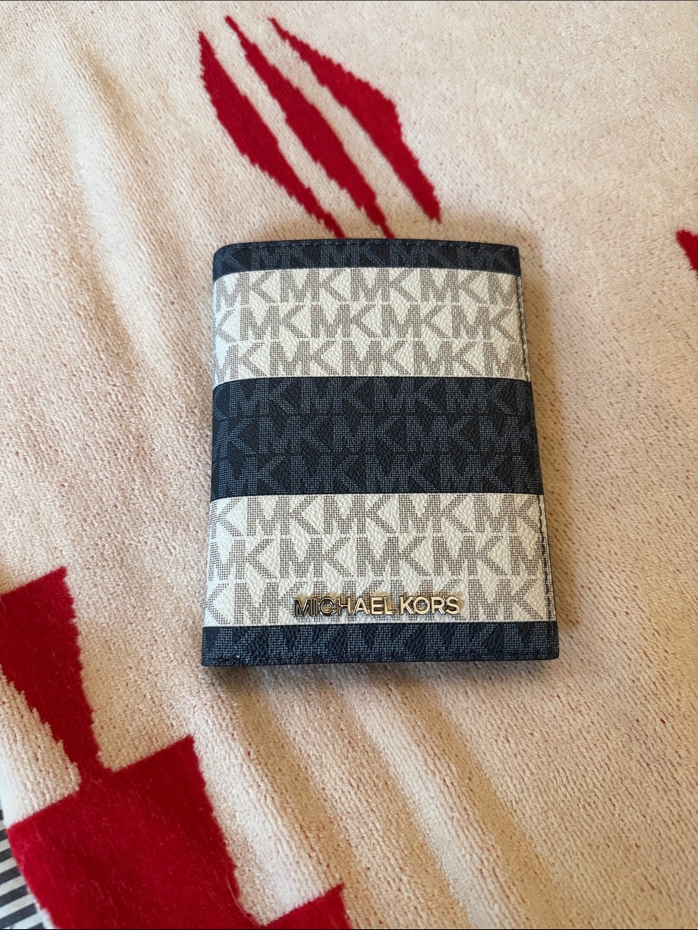Michael Kors Black and Beige Striped MK passport holder